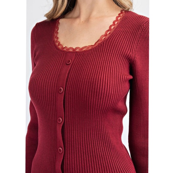 Women’s Winter Top Dressy Rib Knit Lace Top Red Blouse Cozy Knits Top Date Night - Picture 5 of 6